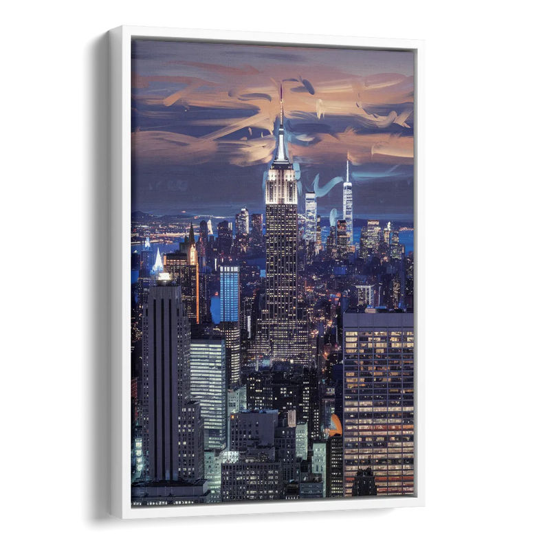 New York City Night Blue Lights Skyline Side - White Canvas Wall Art