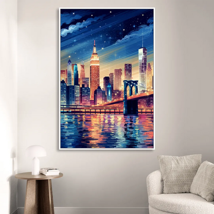 New York City Night Lights Sitting Room - White Canvas Wall Art