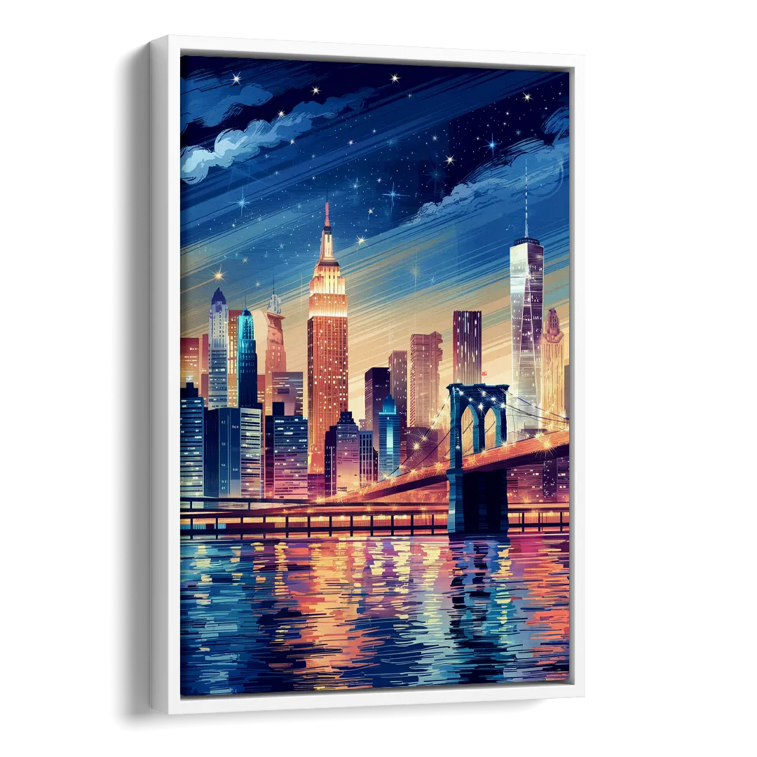 New York City Night Lights Side - White Canvas Wall Art