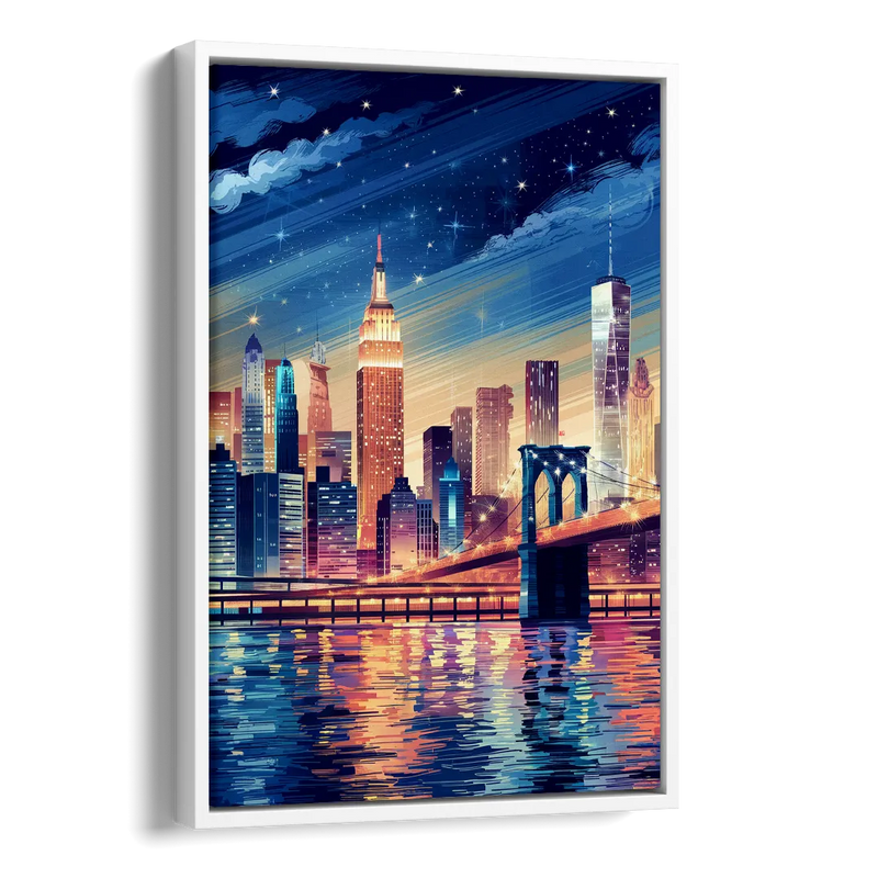 New York City Night Lights Side - White Canvas Wall Art