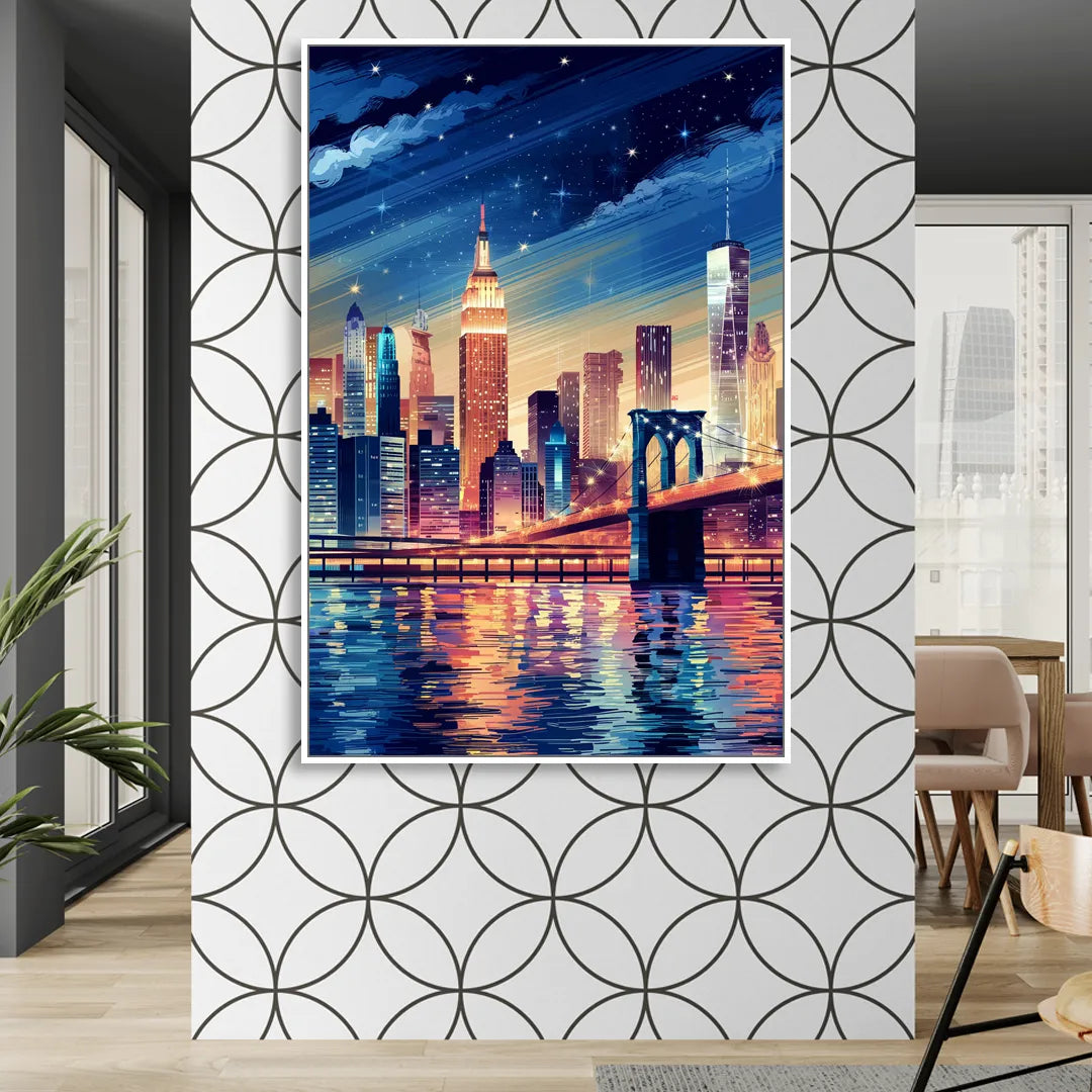 New York City Night Lights Living Room - White Canvas Wall Art