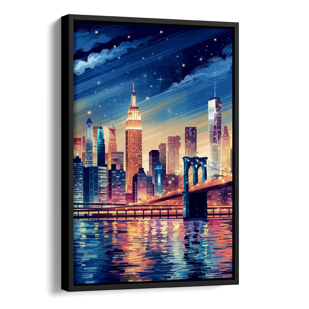 New York City Night Lights Side - Black Canvas Wall Art