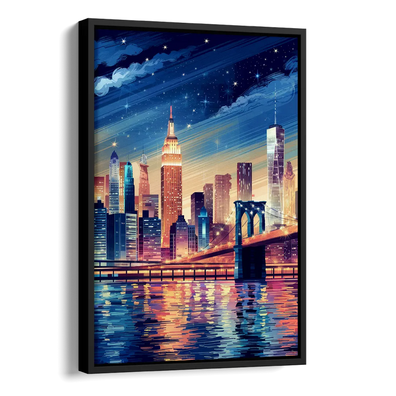 New York City Night Lights Side - Black Canvas Wall Art