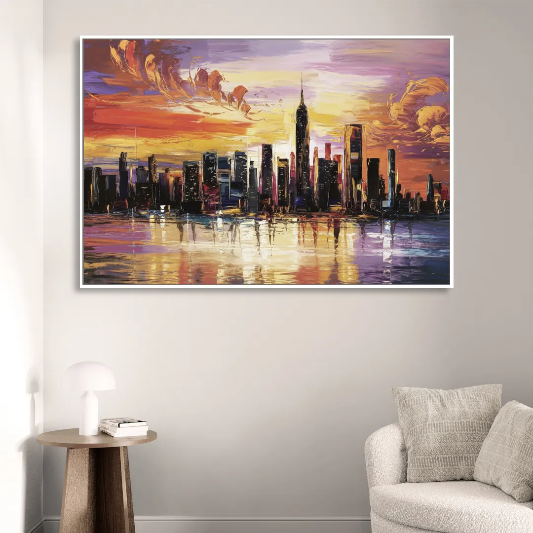 New York City Skyline At Sunset Sitting Room - White Canvas Wall Art