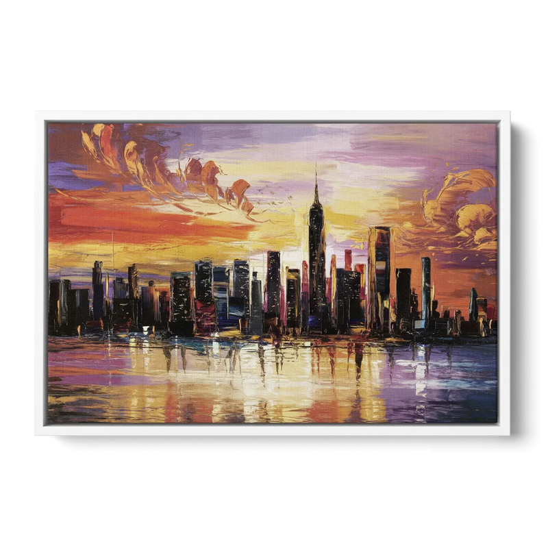 New York City Skyline At Sunset Front - White Canvas Wall Art
