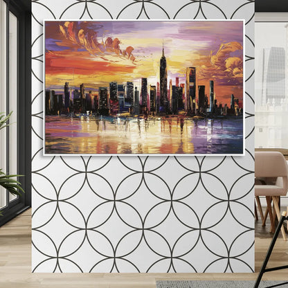 New York City Skyline At Sunset Living Room - White Canvas Wall Art