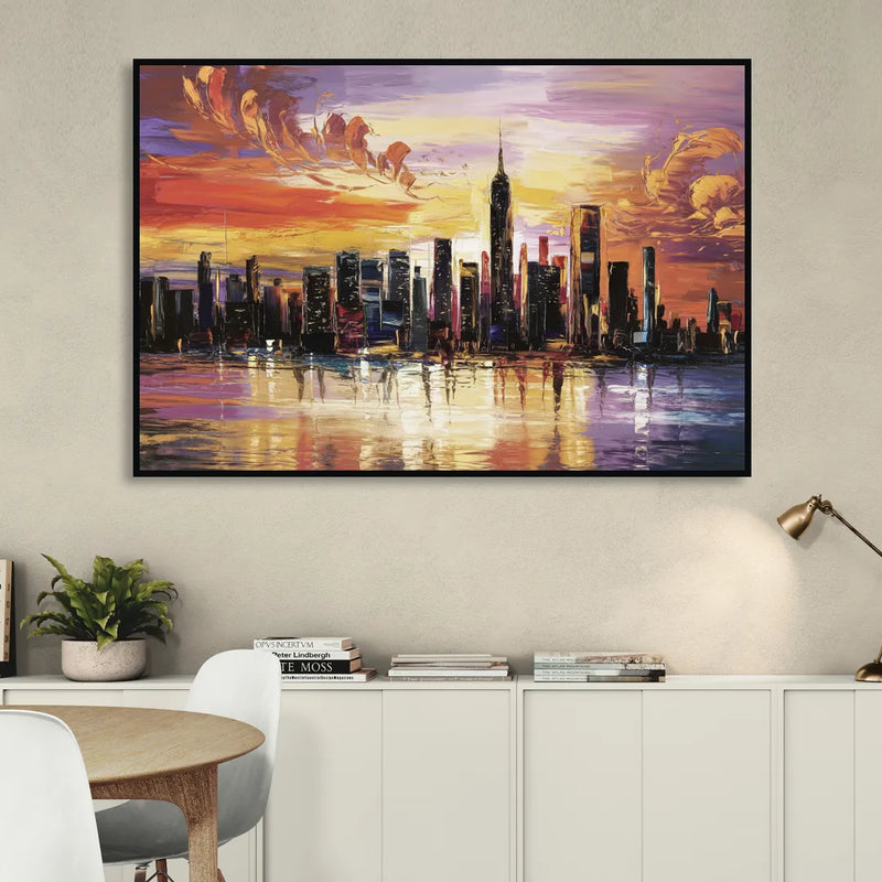 New York City Skyline At Sunset Sitting Room - Black Canvas Wall Art