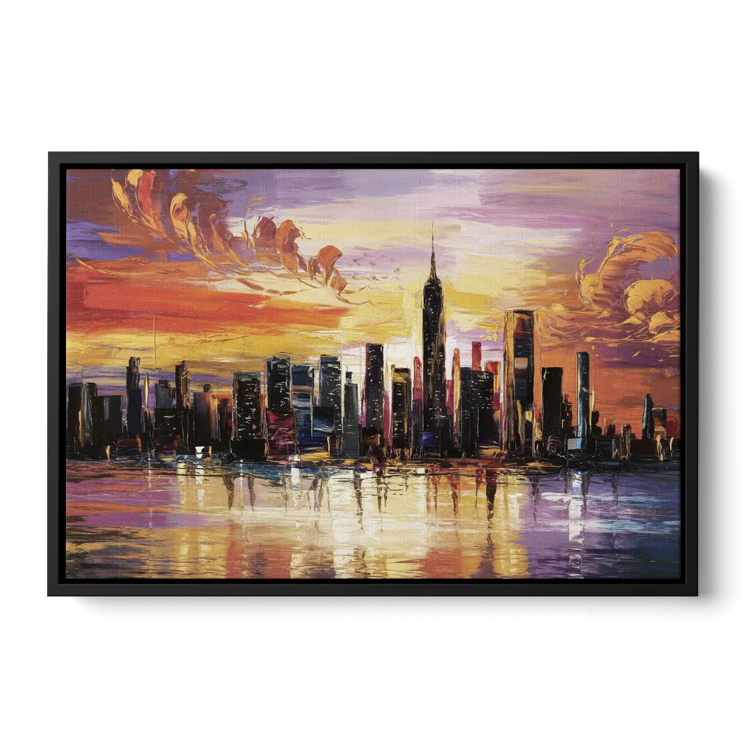 New York City Skyline At Sunset Front - Black Canvas Wall Art
