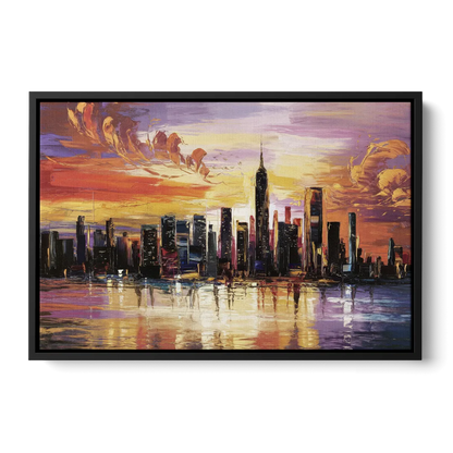 New York City Skyline At Sunset Front - Black Canvas Wall Art