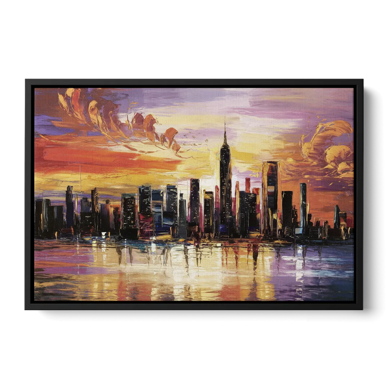 New York City Skyline At Sunset Front - Black Canvas Wall Art
