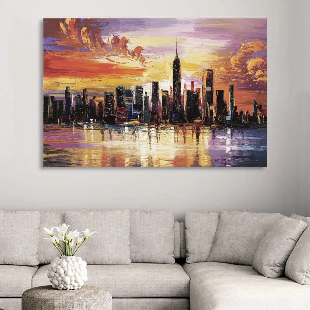 New York City Skyline At Sunset Living Room - Canvas Wall Art