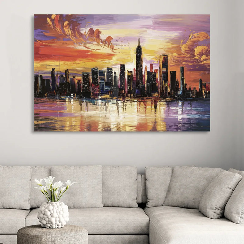 New York City Skyline At Sunset Living Room - Canvas Wall Art