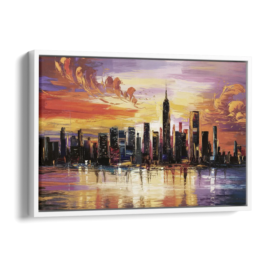 New York City Skyline At Sunset Side - White Canvas Wall Art