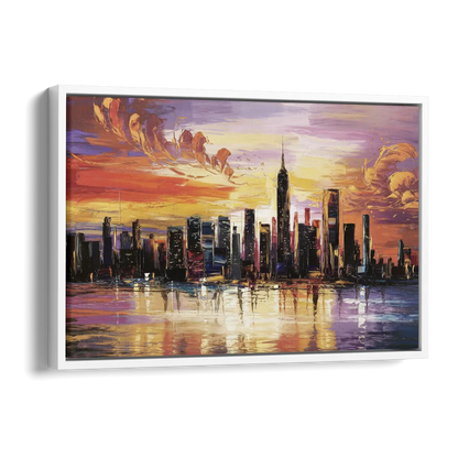 New York City Skyline At Sunset Side - White Canvas Wall Art