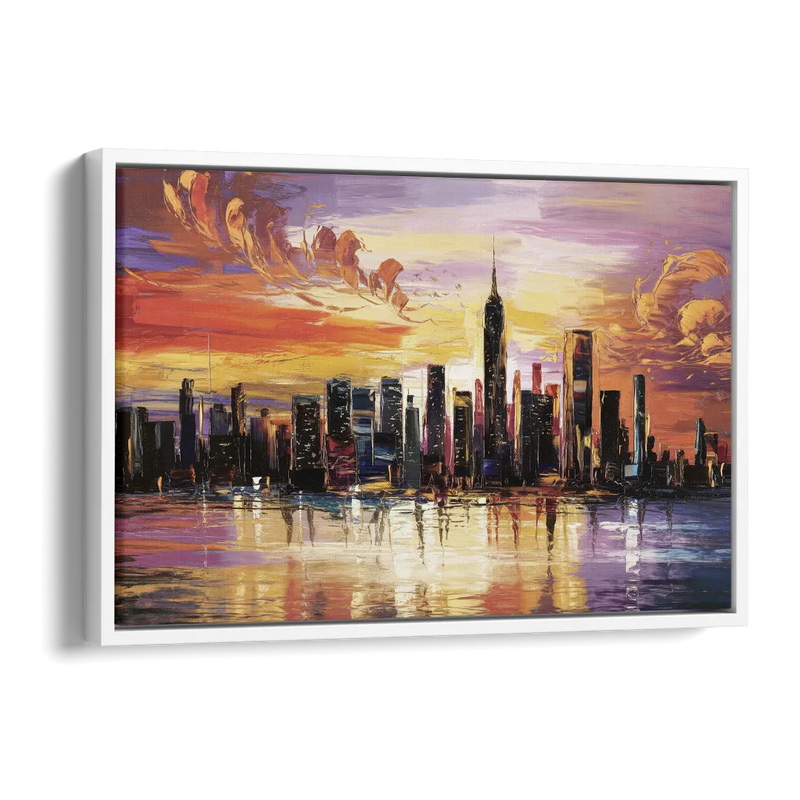New York City Skyline At Sunset Side - White Canvas Wall Art