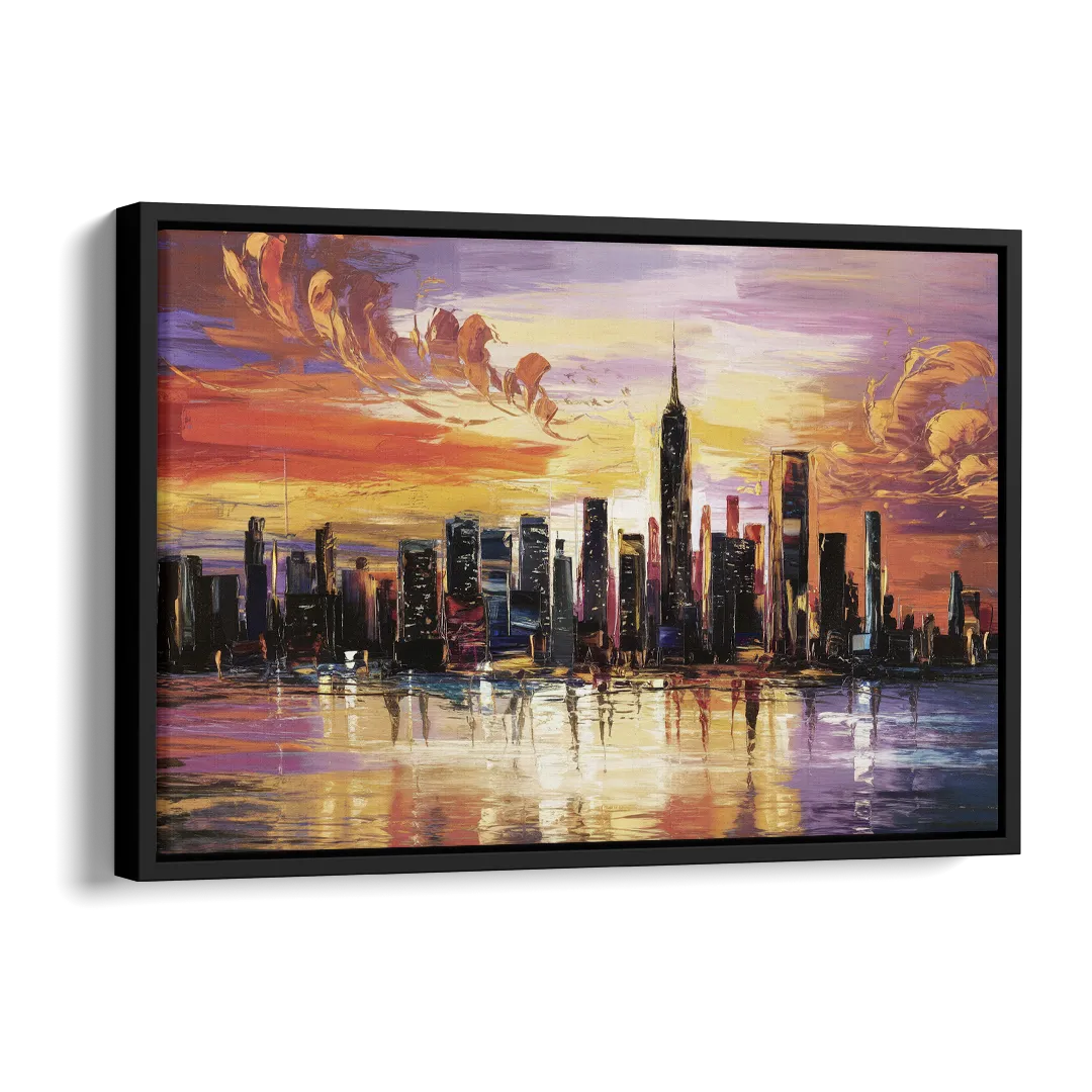 New York City Skyline At Sunset Side - Black Canvas Wall Art
