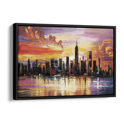 New York City Skyline At Sunset Side - Black Canvas Wall Art