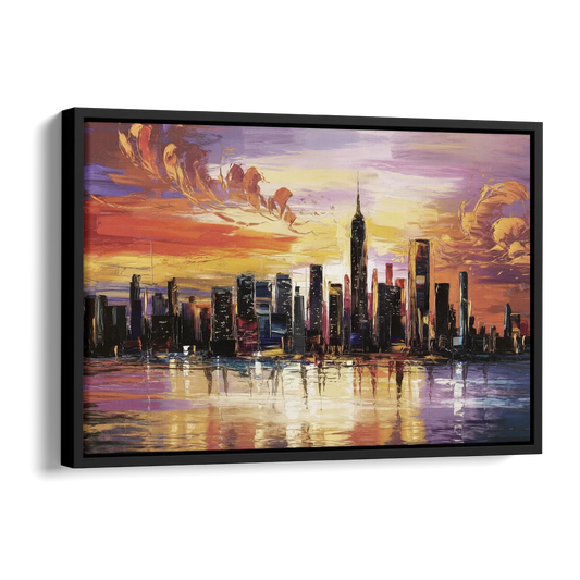 New York City Skyline At Sunset Side - Black Canvas Wall Art