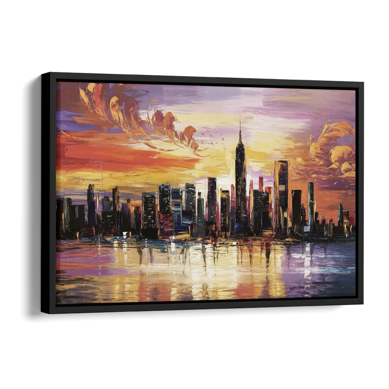 New York City Skyline At Sunset Side - Black Canvas Wall Art