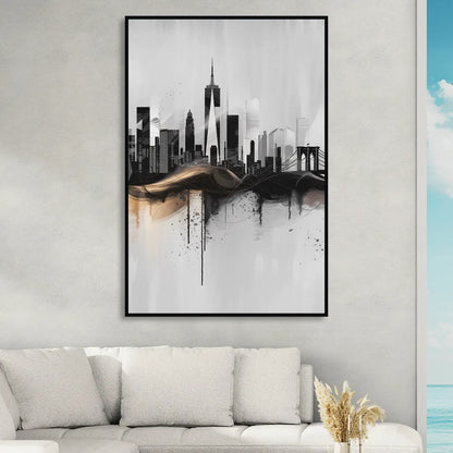 New York City Skyline Black Ink Style Minimalist Living Room - Black Canvas Wall Art