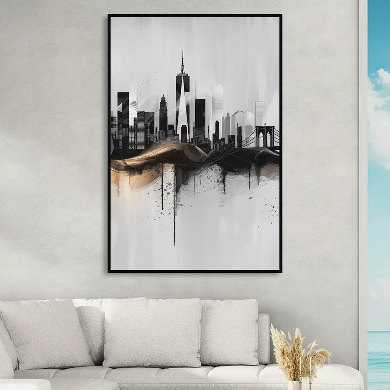 New York City Skyline Black Ink Style Minimalist Living Room - Black Canvas Wall Art