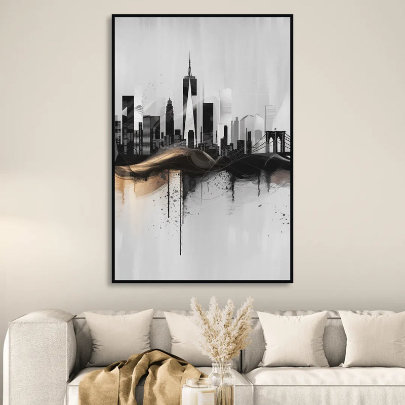 New York City Skyline Black Ink Style Minimalist Sitting Room - Black Canvas Wall Art