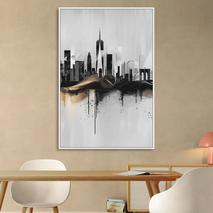 New York City Skyline Black Ink Style Minimalist Living Room - White Canvas Wall Art