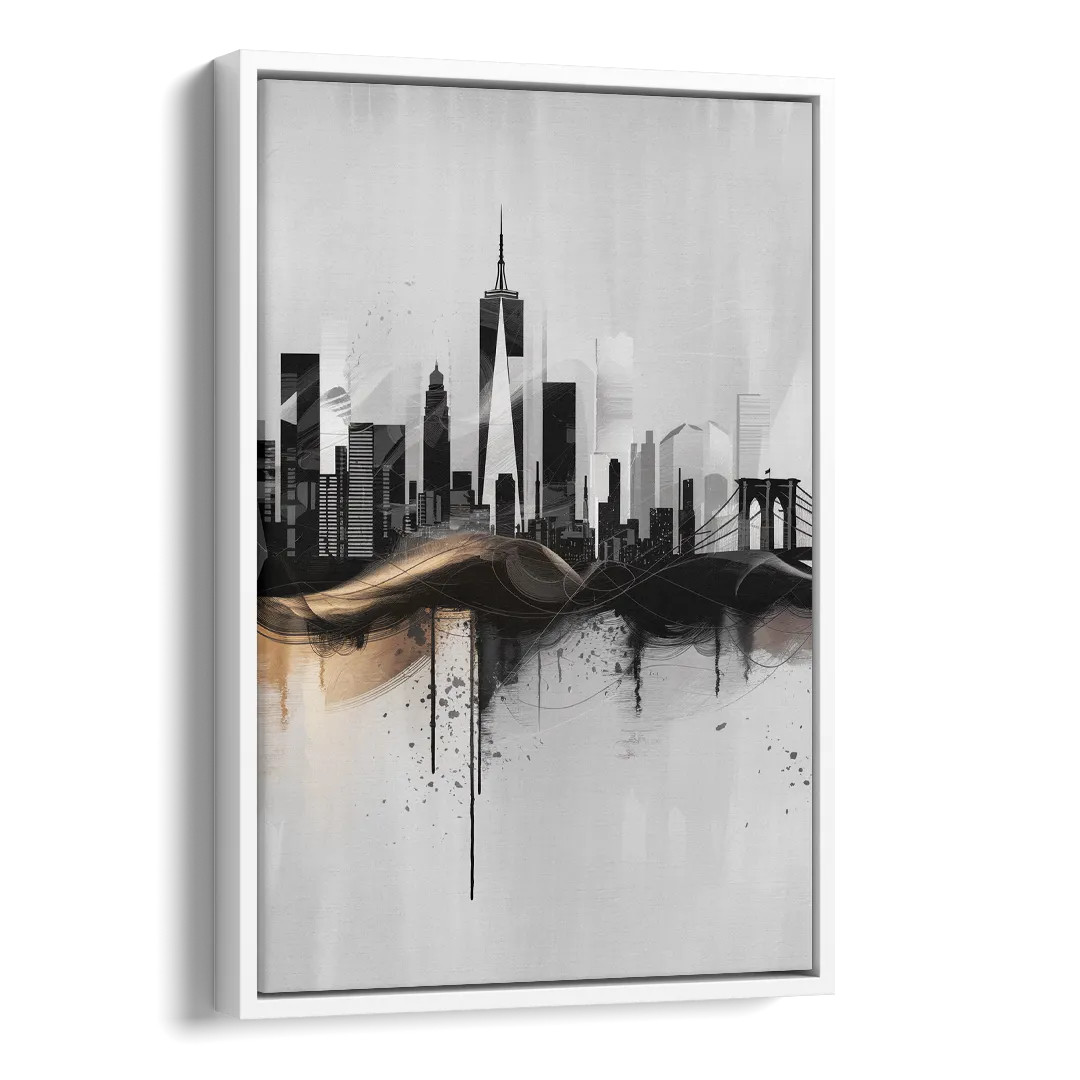 New York City Skyline Black Ink Style Minimalist Side - White Canvas Wall Art
