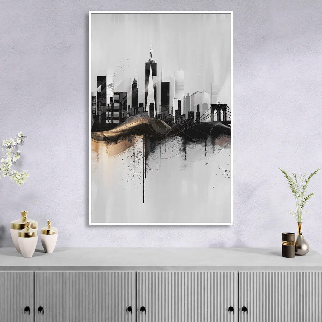 New York City Skyline Black Ink Style Minimalist Sitting Room - White Canvas Wall Art