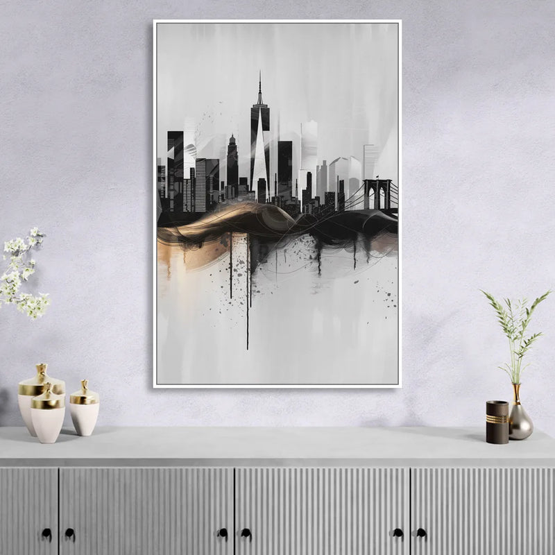 New York City Skyline Black Ink Style Minimalist Sitting Room - White Canvas Wall Art