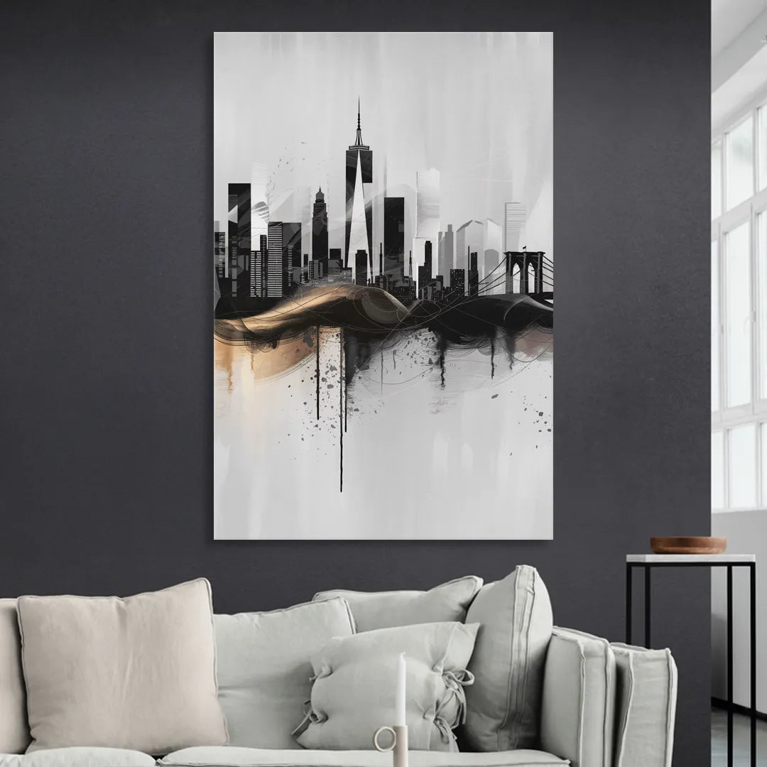 New York City Skyline Black Ink Style Minimalist Sitting Room - Canvas Wall Art