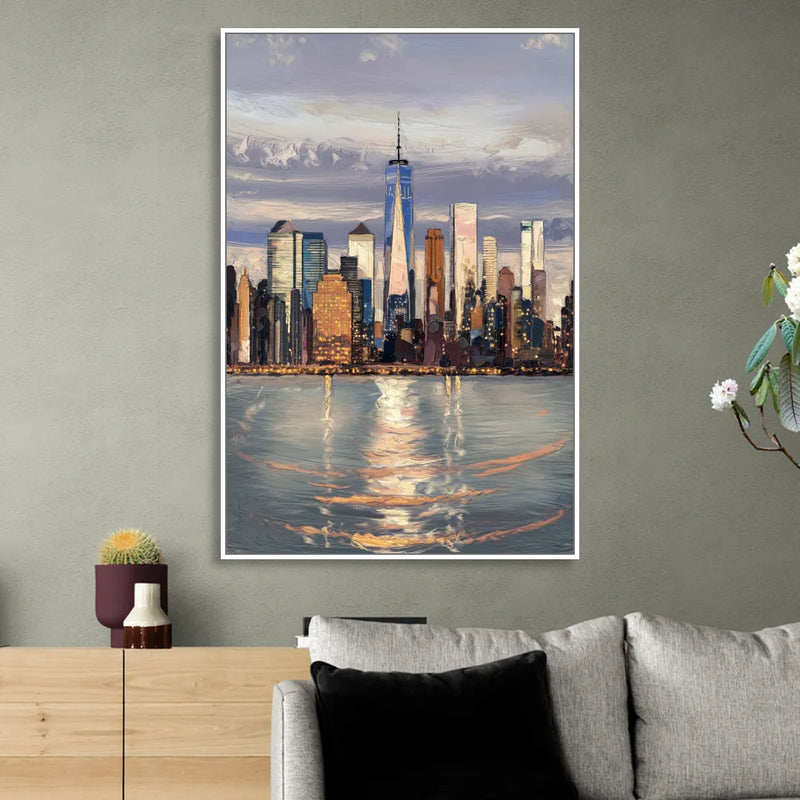 New York City Skyline Reflection Sitting Room - White Canvas Wall Art