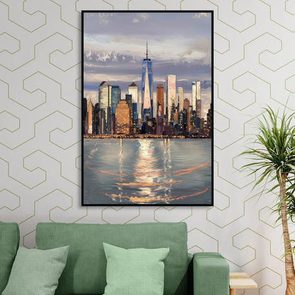 New York City Skyline Reflection Sitting Room - Black Canvas Wall Art