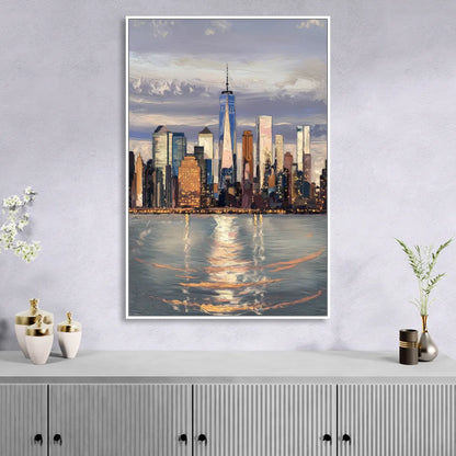 New York City Skyline Reflection Living Room - White Canvas Wall Art