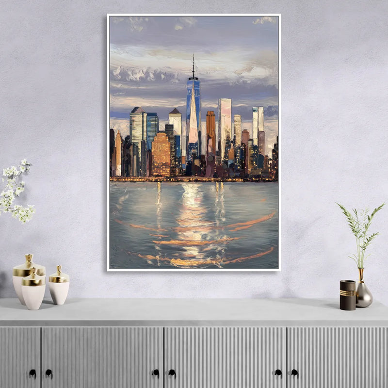 New York City Skyline Reflection Living Room - White Canvas Wall Art