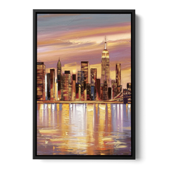 New York City Skyline at Dusk - Black Framed Canvas Wall Art - Front