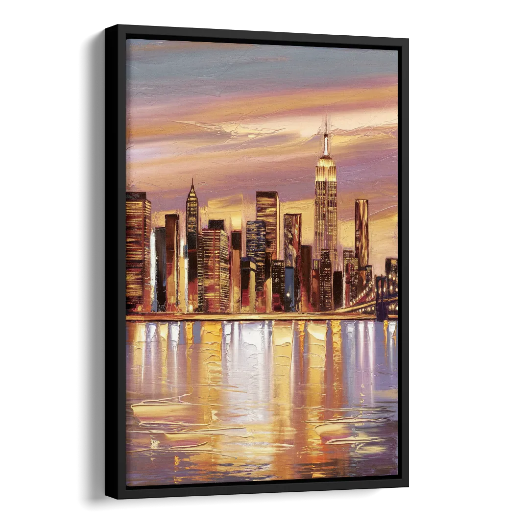New York City Skyline at Dusk Side - Black Canvas Wall Art