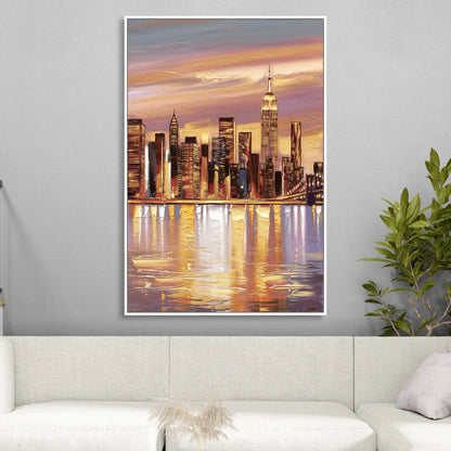 New York City Skyline at Dusk Sitting Room - White Canvas Wall Art