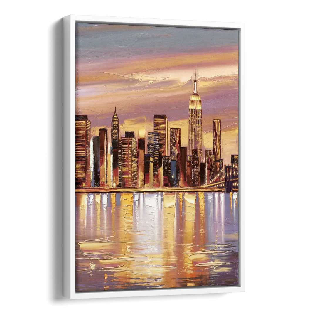 New York City Skyline at Dusk Side - White Canvas Wall Art