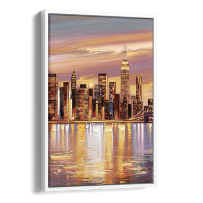New York City Skyline at Dusk Side - White Canvas Wall Art