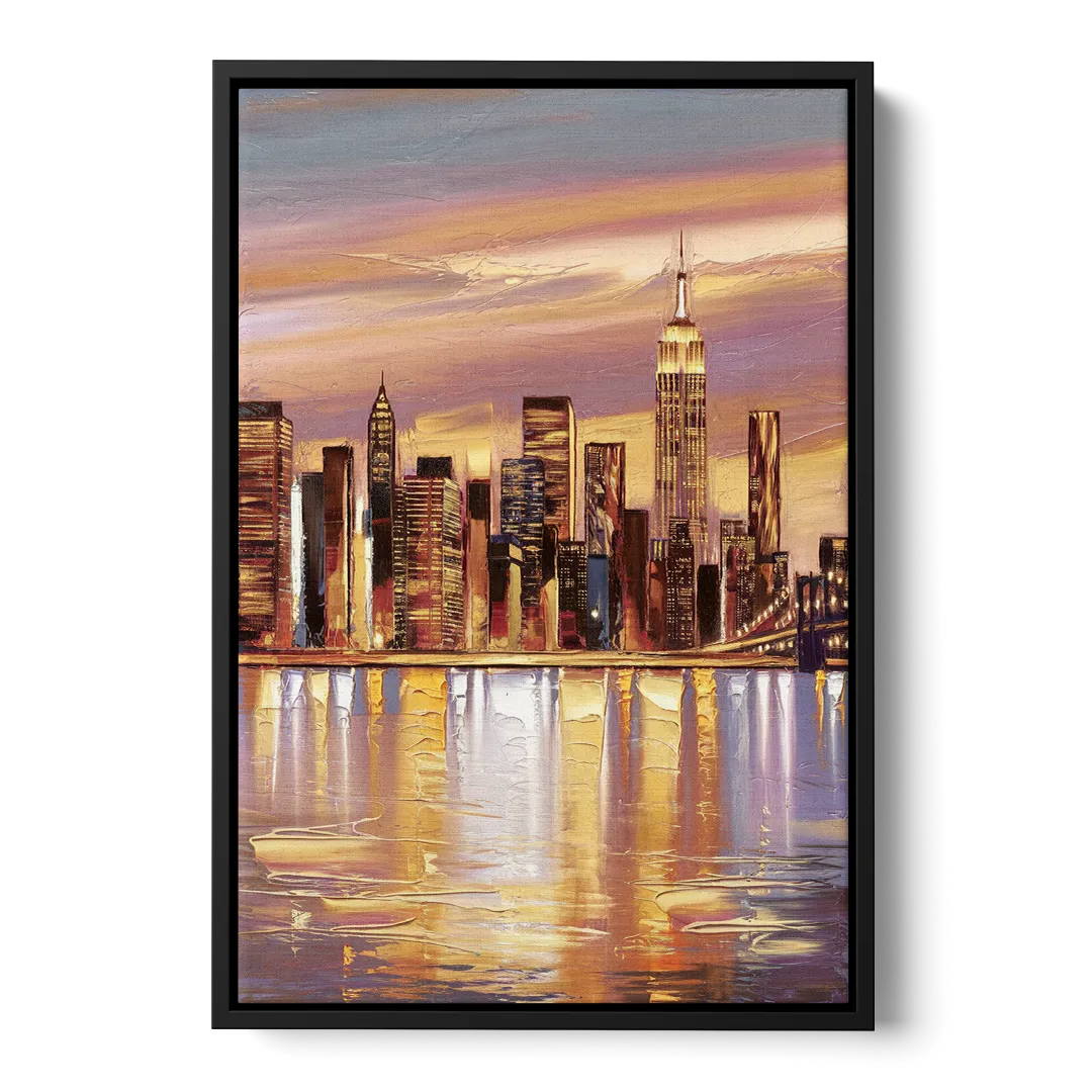 New York City Skyline at Dusk Front - Black Canvas Wall Art