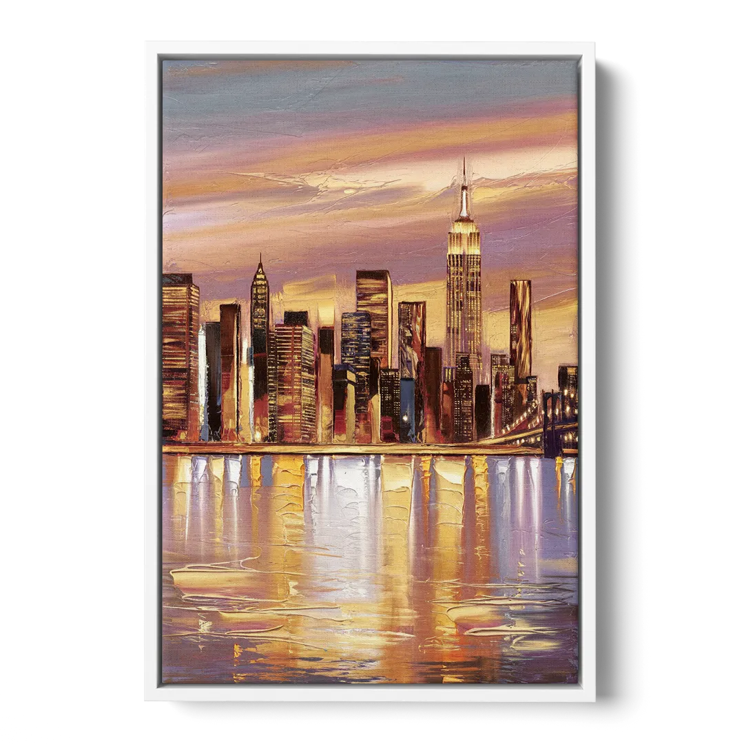 New York City Skyline at Dusk Front - White Canvas Wall Art