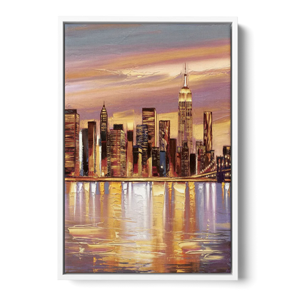 New York City Skyline at Dusk Front - White Canvas Wall Art