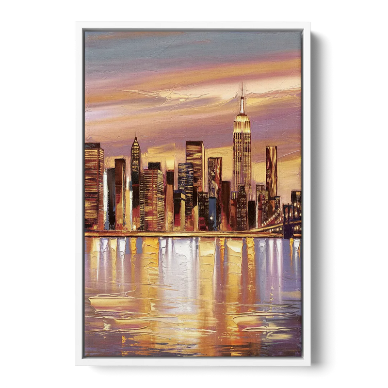 New York City Skyline at Dusk Front - White Canvas Wall Art