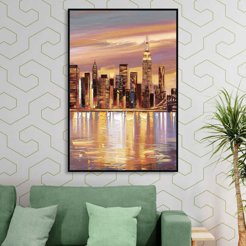 New York City Skyline at Dusk Living Room - Black Canvas Wall Art