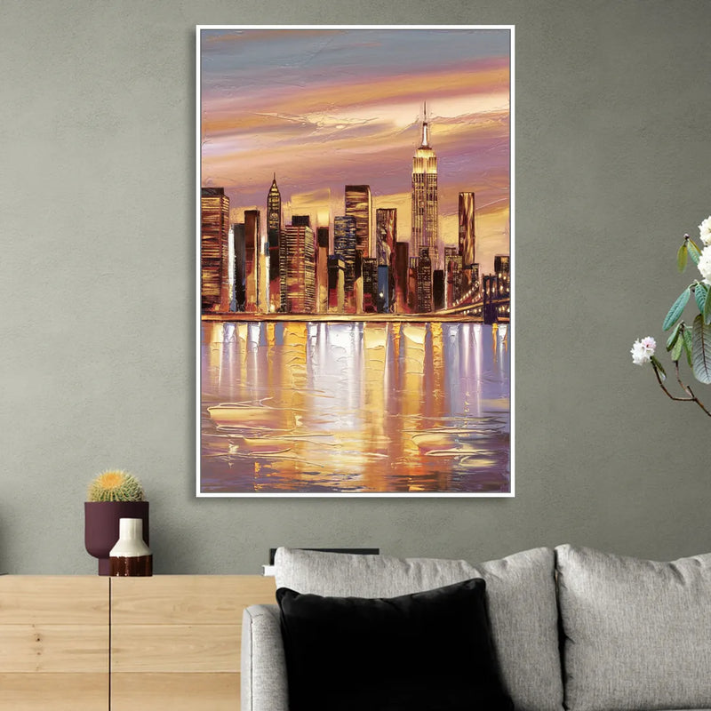 New York City Skyline at Dusk Living Room - White Canvas Wall Art