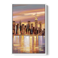 New York City Skyline at Dusk - White Framed Canvas Wall Art - Front