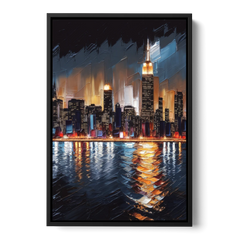 New York City Skyline by Nightfall Hudson - Black Framed Canvas Wall Art - Front
