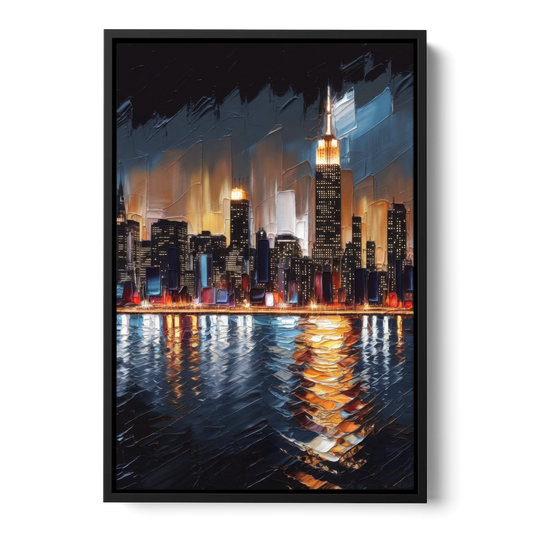 New York City Skyline by Nightfall Hudson - Black Framed Canvas Wall Art - Front