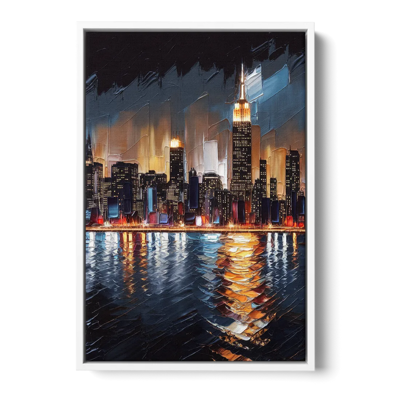 New York City Skyline by Nightfall Hudson Front - White Canvas Wall Art